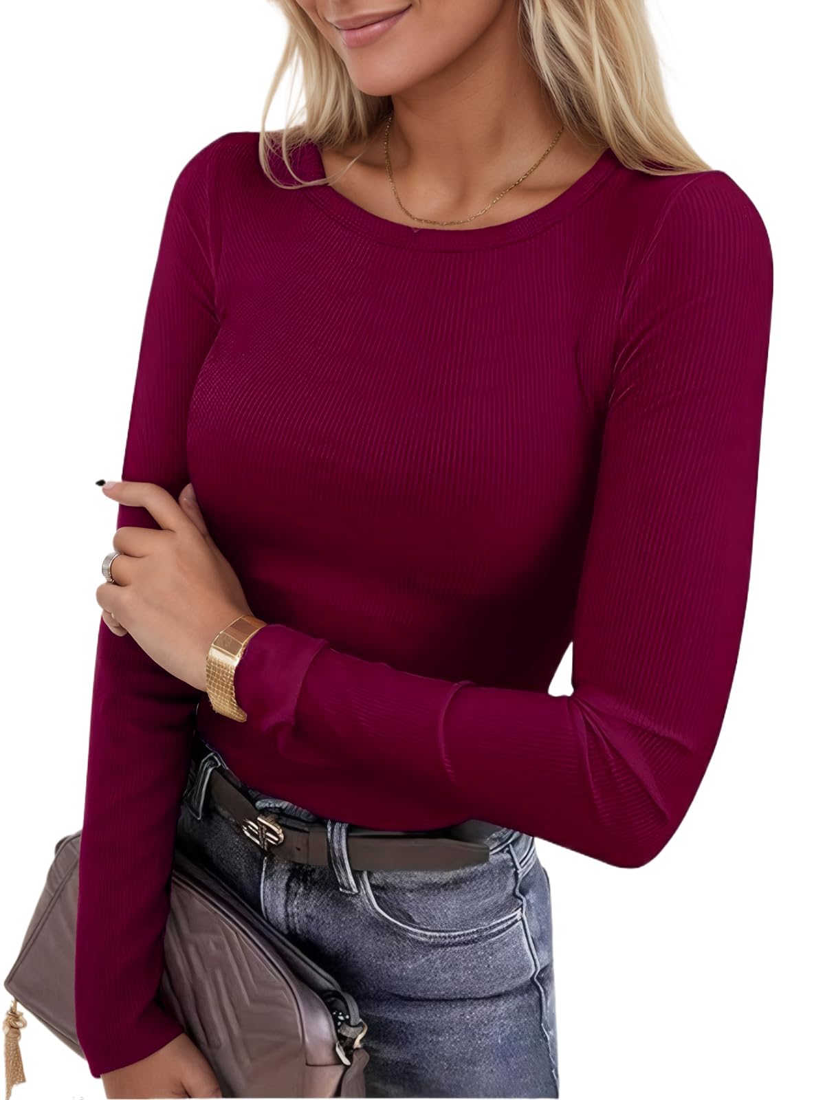 Dazevt Womens Long Sleeve Stretch Crewneck Ribbed Knit Tops Slim Fitted Underscrubs Casual Basic T Shirt