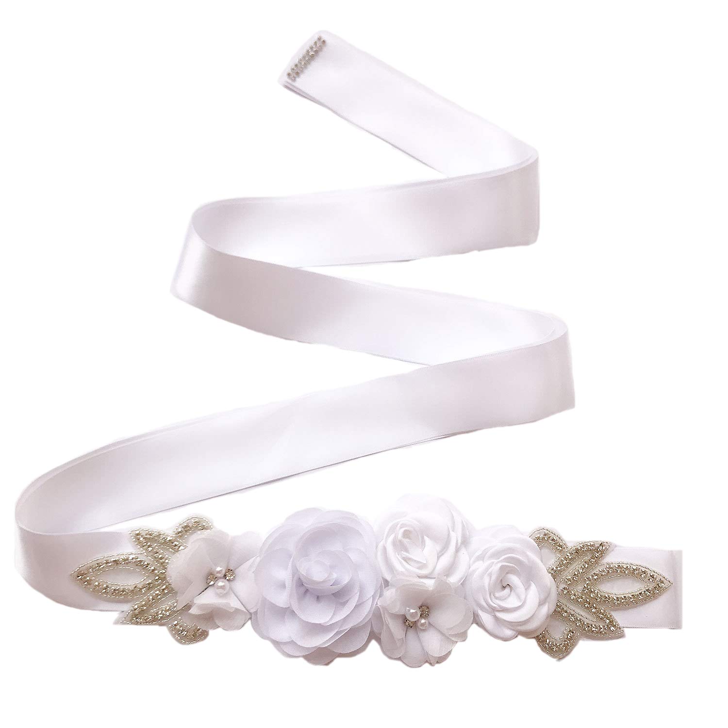 Lauthen.S Sash Belt with Flowers Pearls Rhinestone for Wedding Bride/Baby Shower Dress, White, One size