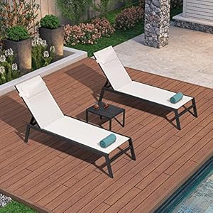PURPLE LEAF Lounge Chair Set for Outside Aluminum Patio Recliner with Side Table and Pillow Beach Sunbathing Tanning Chairs Pool Chaise Lounger Outdoor White