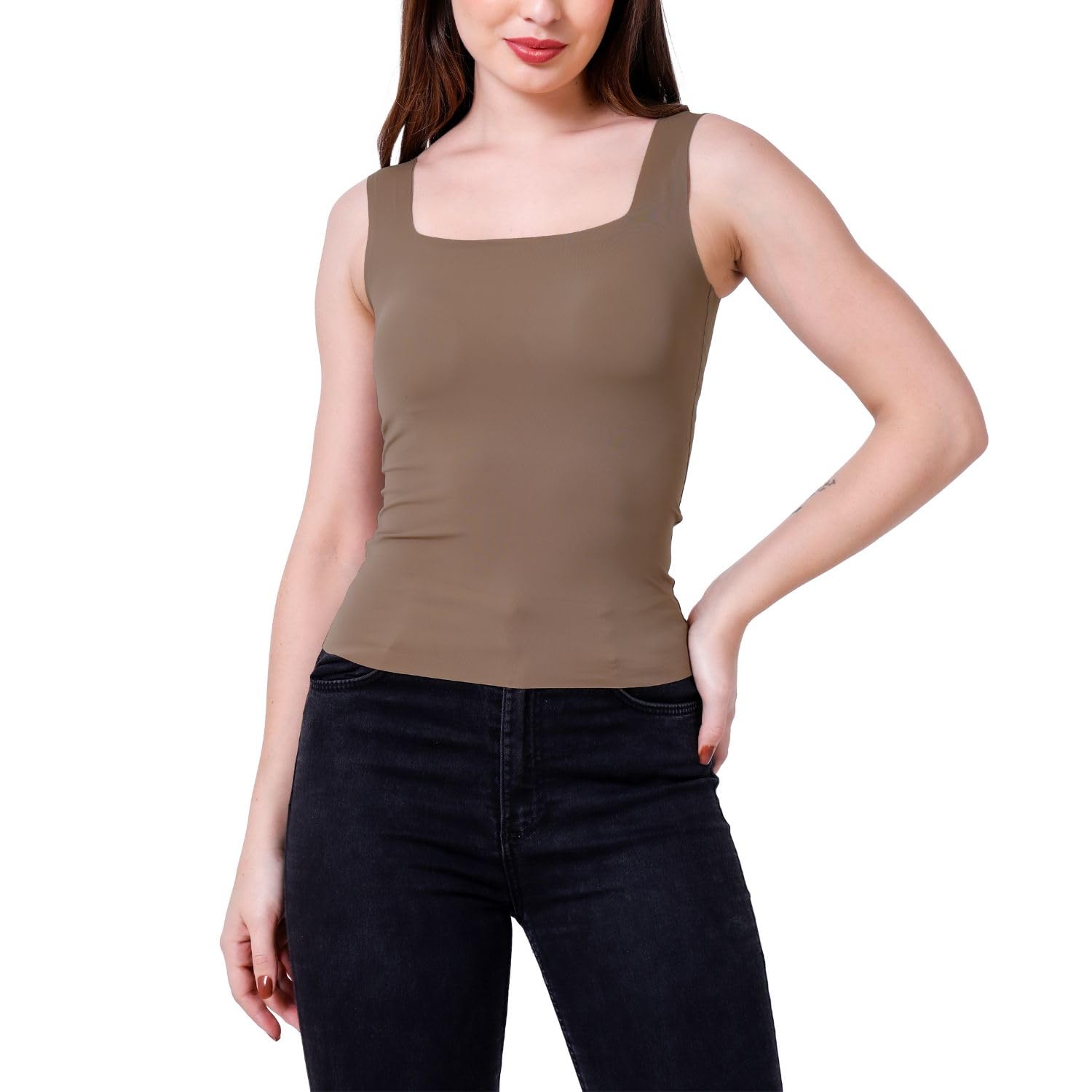 sizi Women Padded Camisole Workout Top| Tank Top with No Trace,Square Neck Seamless Vest,Elastic Removable Wide Shoulder Strap Camisole-picture-11
