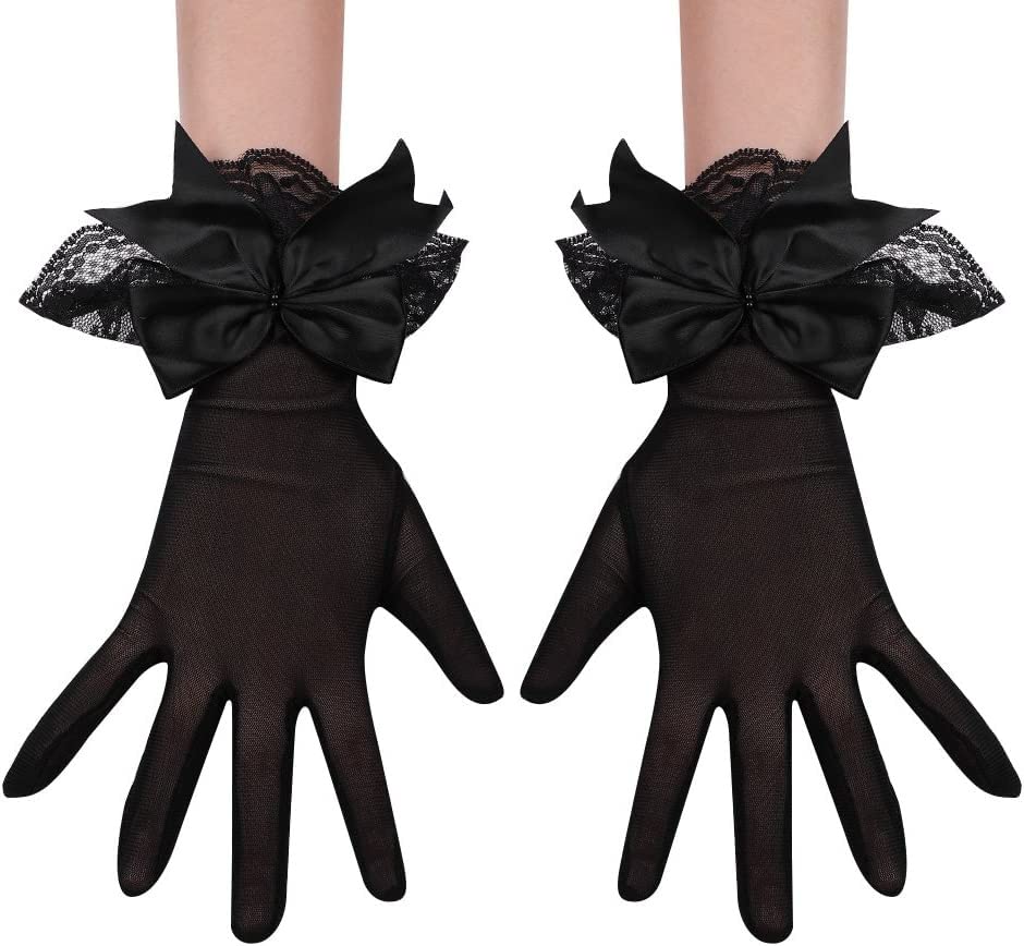 Vintage Style Short Lace Gloves for Women Black Gloves for Girls, Lady Banquet Bow Lace Elegant Wrist Ruffle Bridal Wedding Gloves for Wedding Dinner Party Costume Favors-image-46