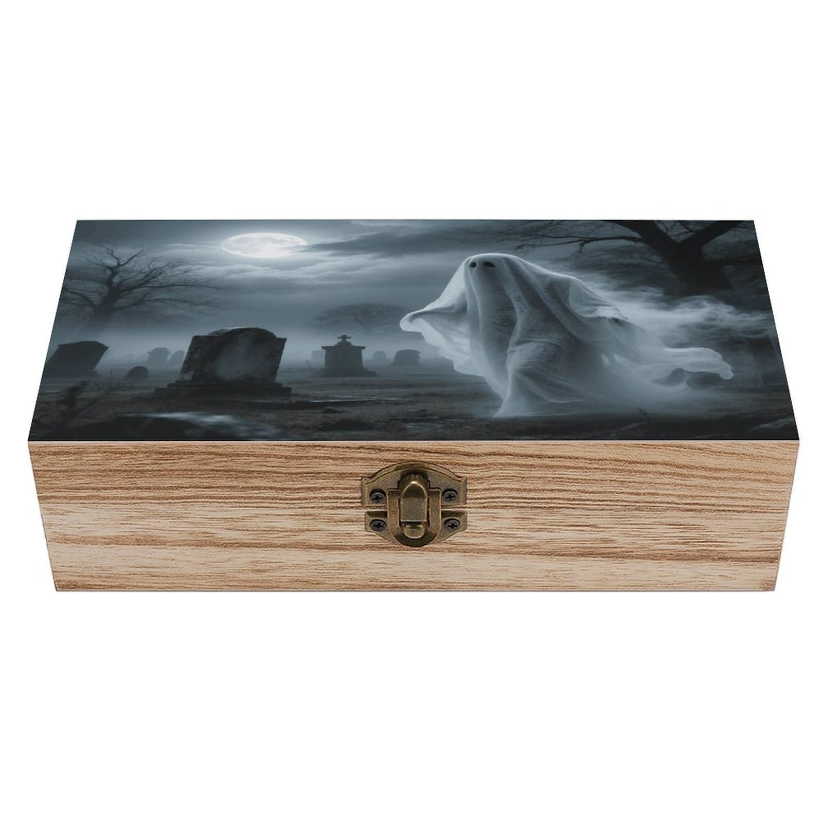 VstaDank Cool Halloween Ghost Wooden Storage Box Decorative Jewelry Case with Lids Exquisite Wood Box Letters Gifts Acacia Wood Boxes Fashion Wooden Keepsake Boxes for Men Women