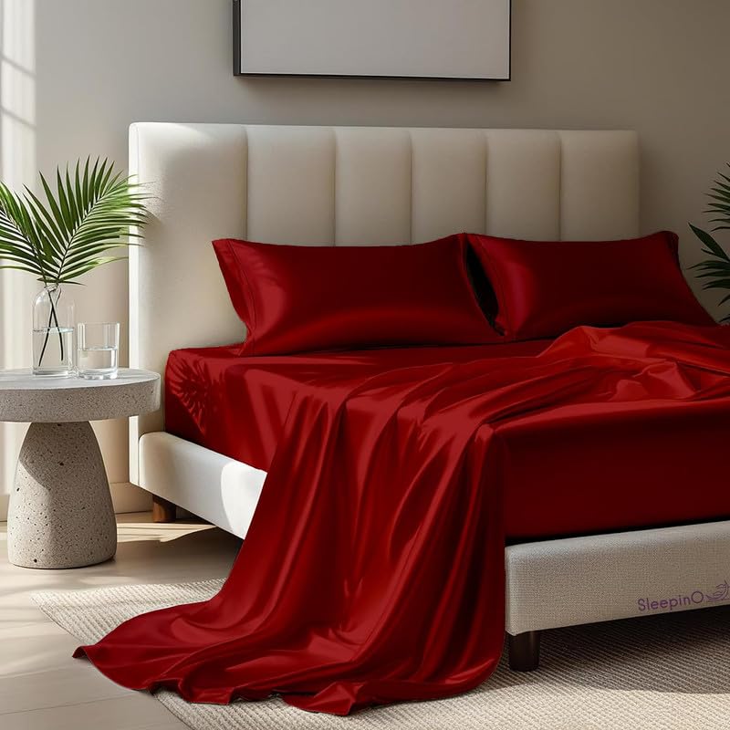 Image of Premium Satin Single Bed (60x90 Inchs) with 1 Pillow Cover Bedsheet Ultra Soft & Silky Smooth, Breathable Cooling Fabric, Luxury Glossy Finish|Crimson Burgundy