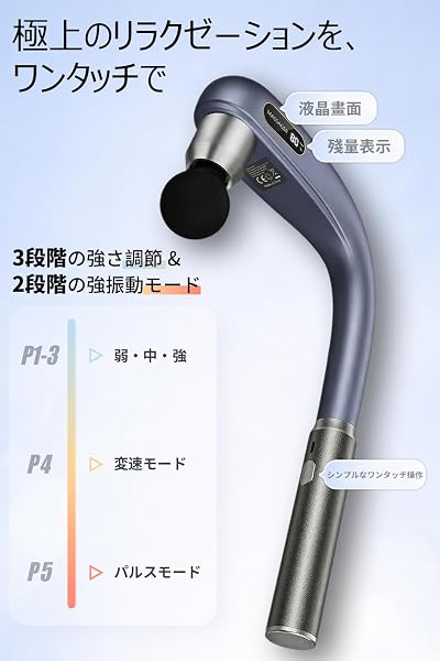 筋膜リリースガン ハンディガン【延長設計・背中まで届く】 ワンタッチで簡単操作 筋膜ガン 5段階振動 10mm振幅 静音設計 4種類のヘッド 大容量 Type-C充電式 家庭用 誕生日 お祝い プレゼント ギフト最適 日本語取扱説明書付き - 4