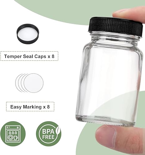 Miniatura 3 de CUCUMI 8 botellas cortas de 2 onzas con tapas, pequeños frascos de vidrio con tapas para líquidos, chupitos de jengibre, aceites, con calcomanías