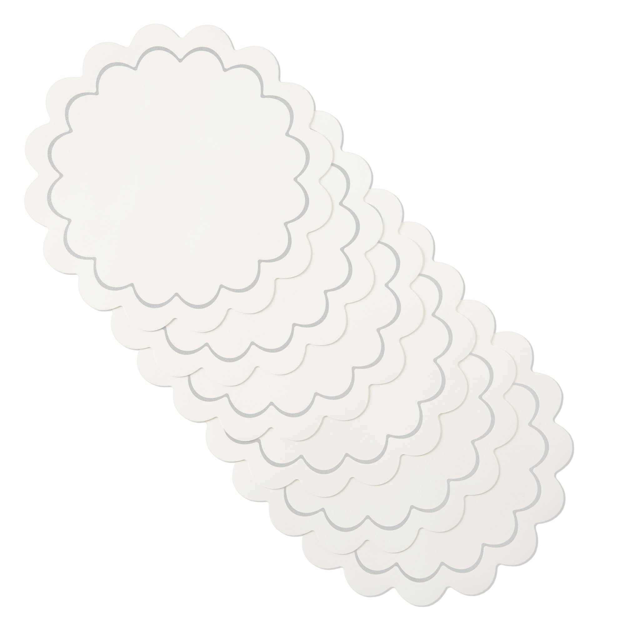Kate Spade New York Scallop Edge Round Reversible Placemats 12  Pcs Set, Imitation Leather with Metallic Print, Water Resistant, Easy Wipe Clean, White/Silver, 15" Round