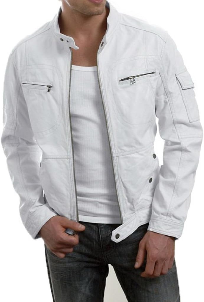 Unisex Leather Men's Lambskin Leather Bomber Biker Wear Jacket 2XL White