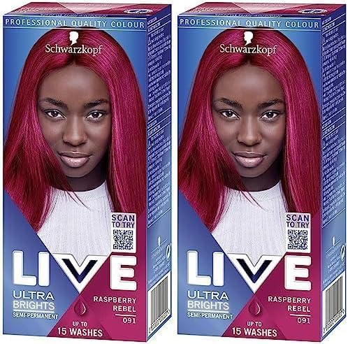 Schwarzkopf LIVE Ultra Brights Or Pastels, Vibrant Semi-permanent Pink Hair Dye, Lasts Up to 15 Washes, Raspberry Rebel 091 (Pack of 2)
