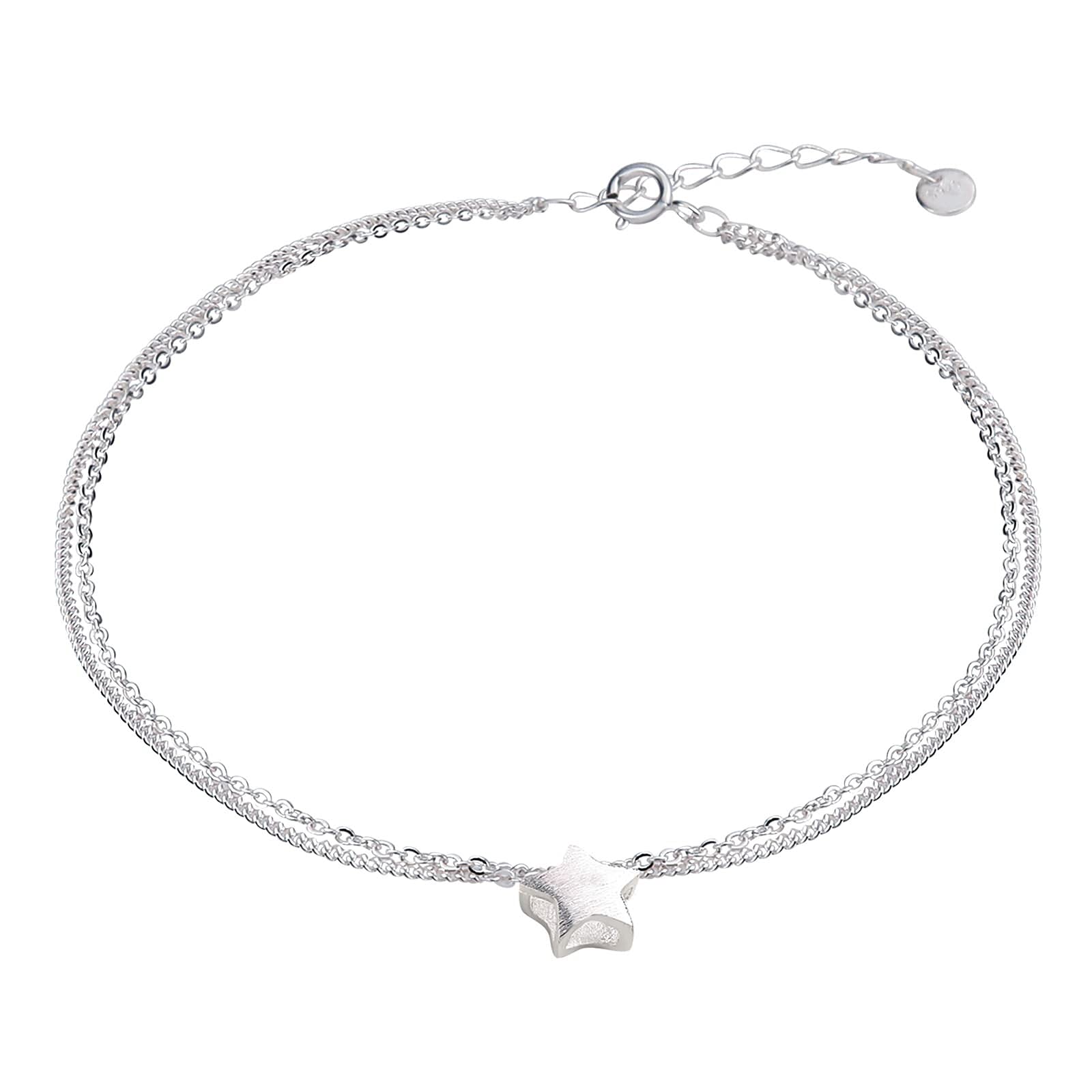 18 Karat Weißgold Fußkette Damen Fußkettchen 750, Echtschmuck Stern Zweireihig Funkeln Strand Süß Fußketten Damen 23+5cm Lang