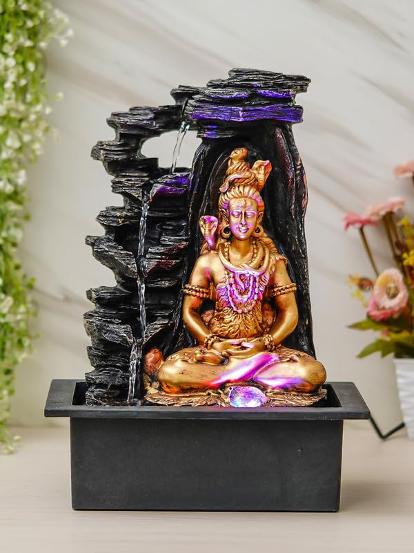 Image of Golden Brown Polyresin Tabletop Lord Shiv 4 Step Indoor Water Fountain for Home Decor with LED, Speed Control Pump (Size: 29 x 22 x 40 CM | Weight: 1780Gram)