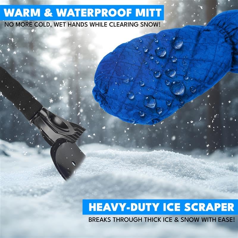 Image of EcoNour Ice Scraper Mitt for Car Windshield | Waterproof Warm Glove | Thick Fleece Lining | Windshield Scraper for Ice and Snow with Foam Grip, Scratch-Free | Detachable Cleaner for Car (Blue)