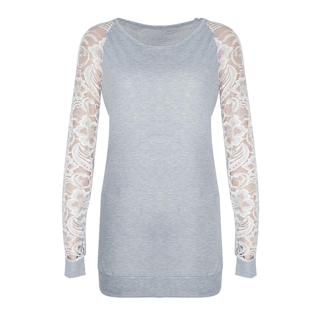 Blouse for Women Work Casual Gray Long Sleeve T-Shirt Autumn Winter Pullover Sweaters Lace Crop O-Neck Tops