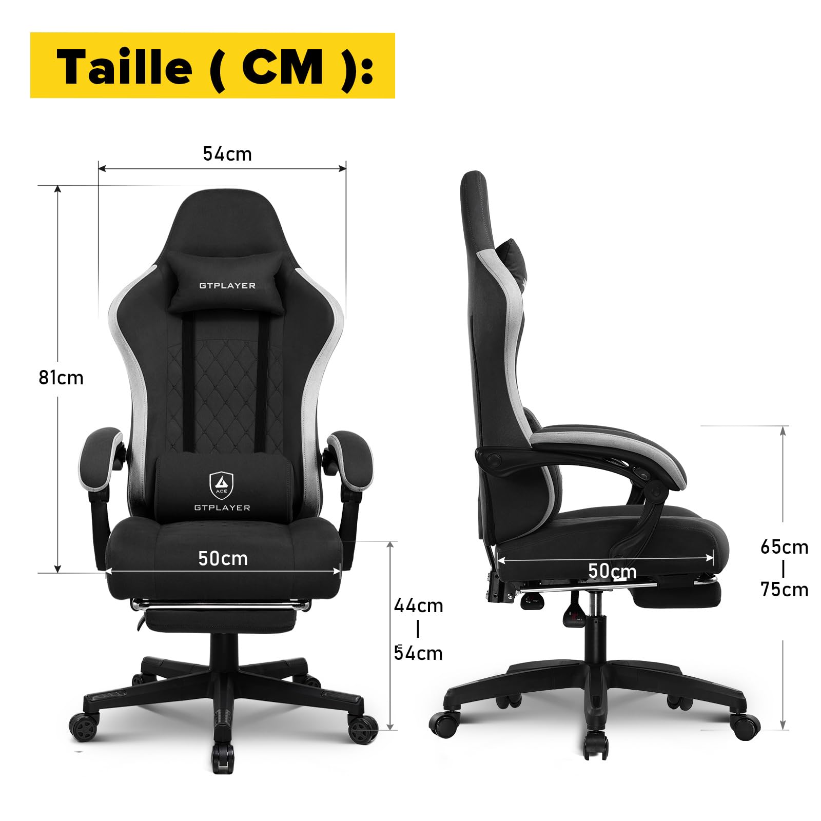 GTPLAYER Chaise Gaming Bureau Ergonomique Fauteuil Gaming Tissu, accoudoir inclinable, avec Repose-Pieds, Supporte 150 kg, Noir