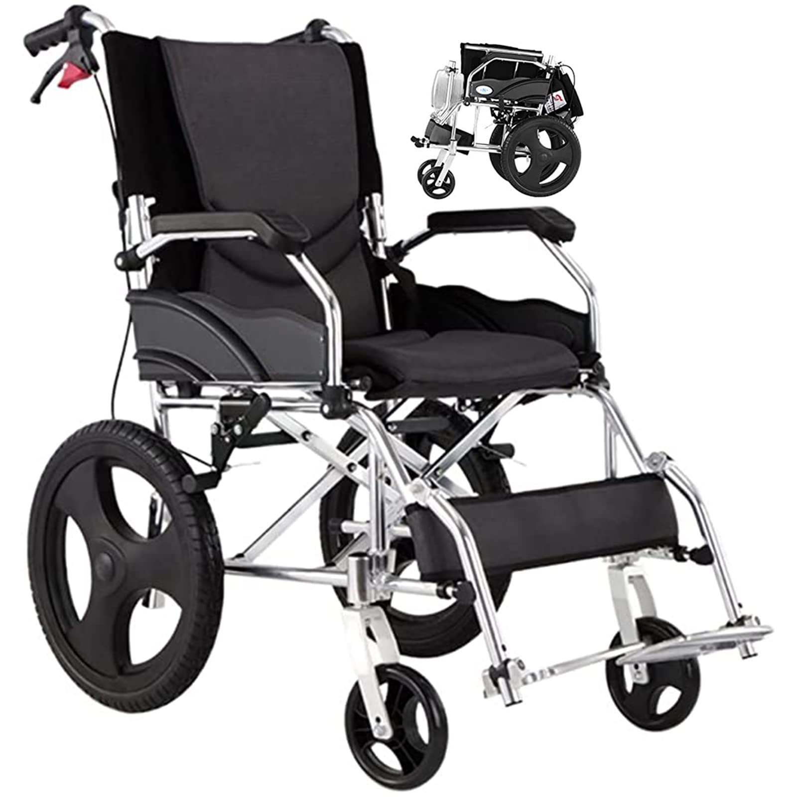 Silla de Ruedas móvil Plegable, Silla de Ruedas de Transporte, Silla de Ruedas de Aluminio, Ligera, portátil y Plegable con aleación de magnesio, reposabrazos completos,Black