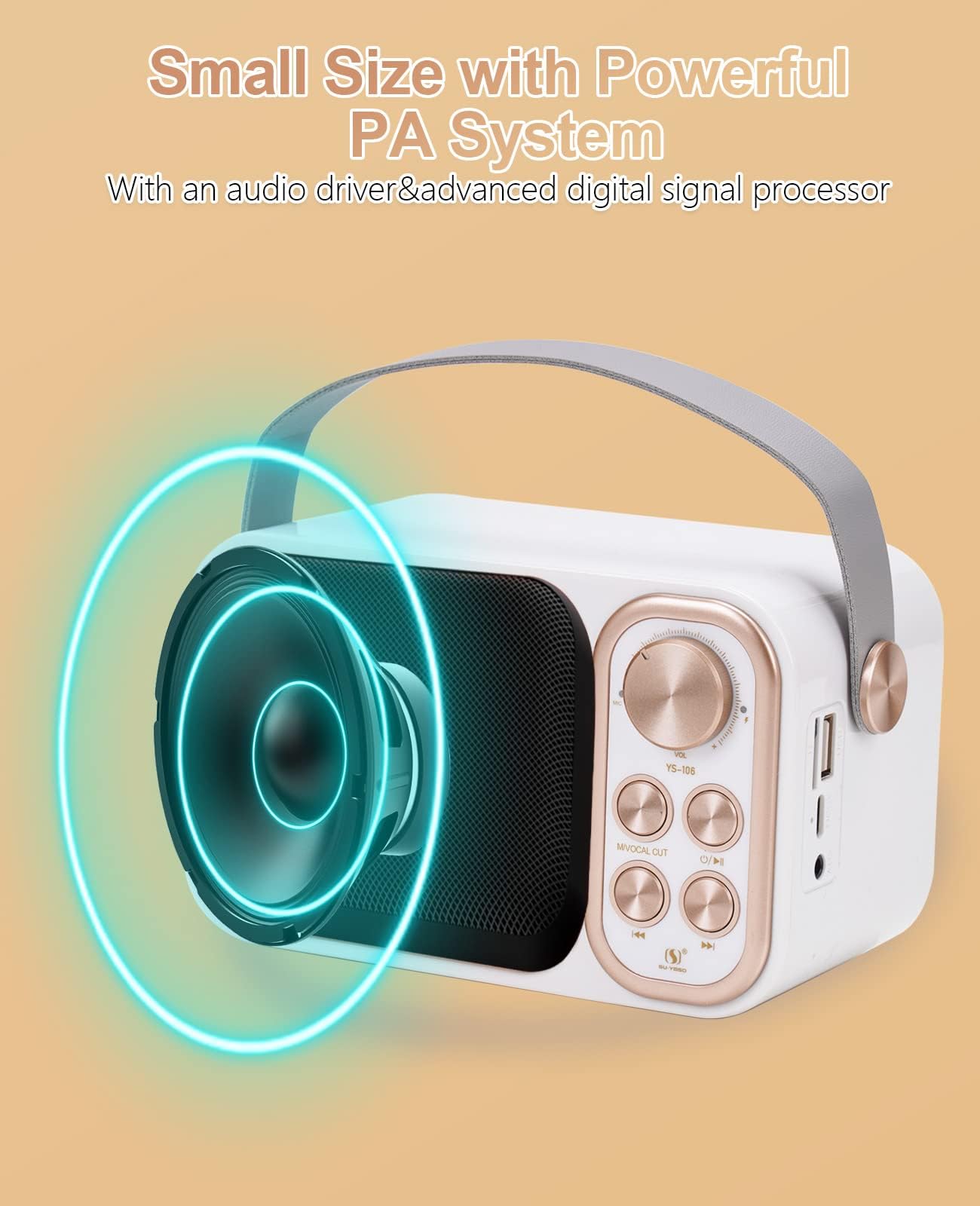 Macchina per karaoke Bluetooth con 2 microfoni wireless, sistema di altoparlanti PA portatile, TF e AUX-In, bianco