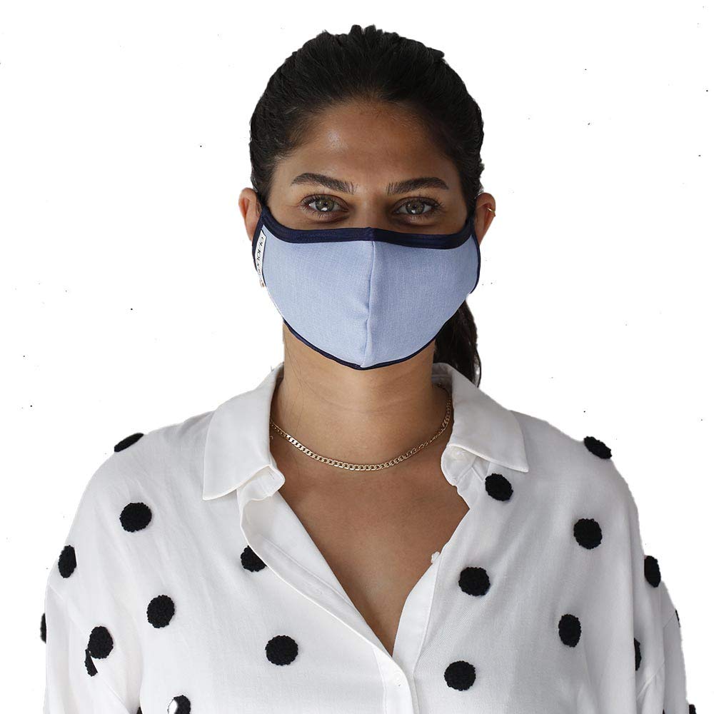 Reusable Face Mask with Patented Breathable Fabric, Unisex Cloth Washable 2 Layer Cover with Anti Fogging Nose Wire and Adjustable Ear Straps, Sky Blue Medium (Pack of 3)