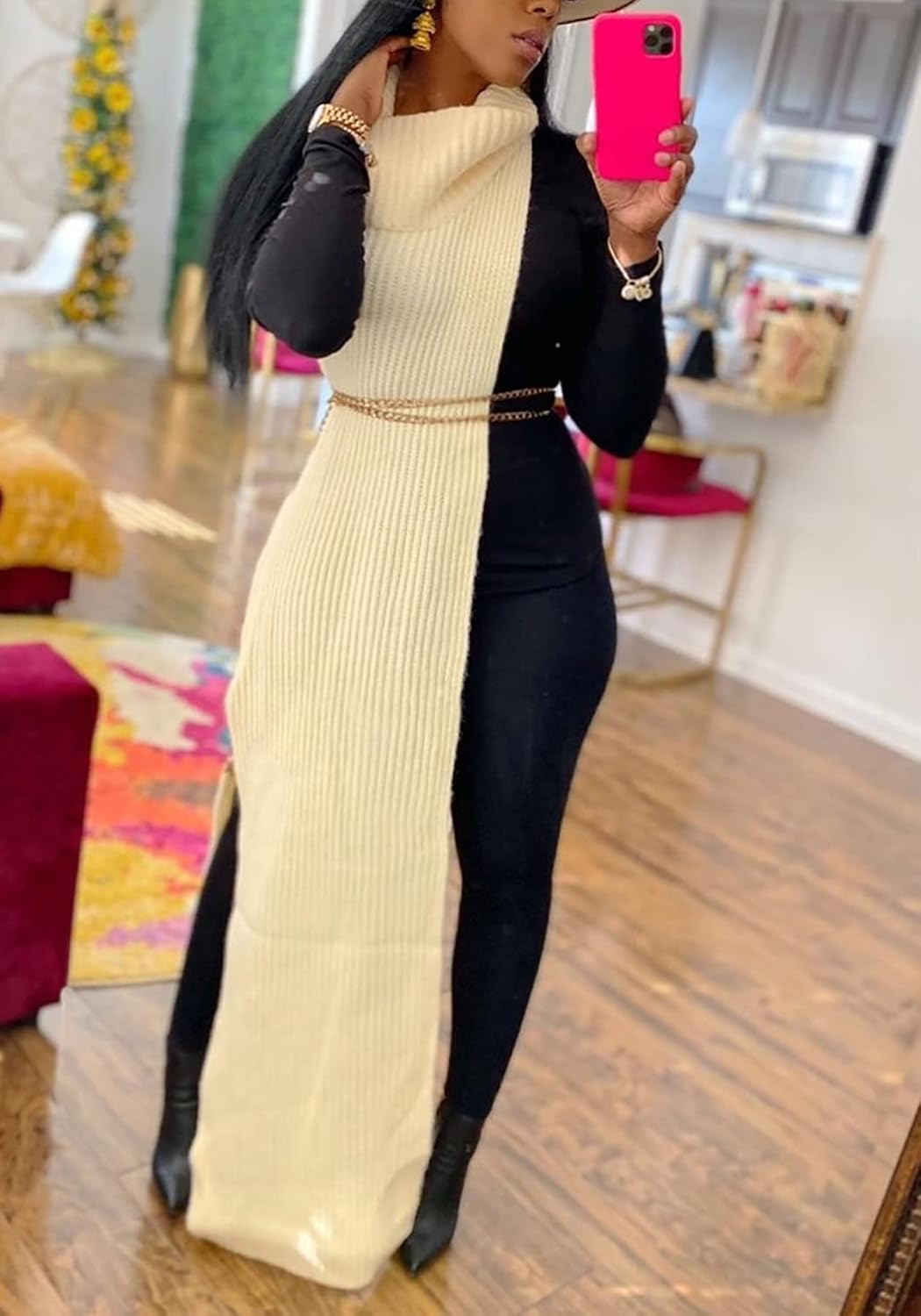 Women Sexy Knitted Turtleneck Side Split Sleeveless Sweater Dress Long Maxi Dresses Pullover Top - Image 2