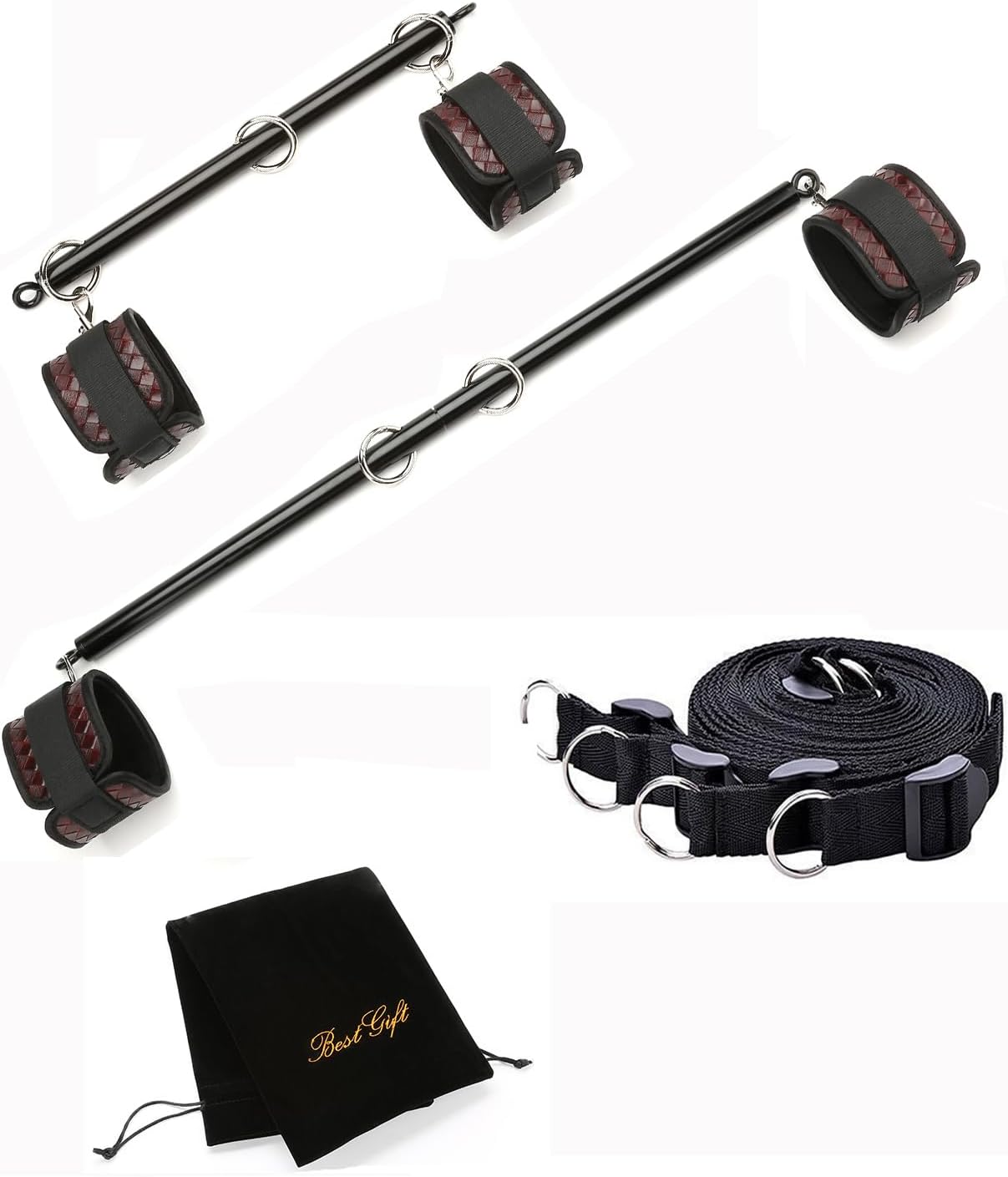 Stainless Steel Expandable Exercise Black Spreader Bar with 4 pcs Brown Adjustable Straps, Yoga Training Fitness Gear, Home Gym Kit, Workout Bar