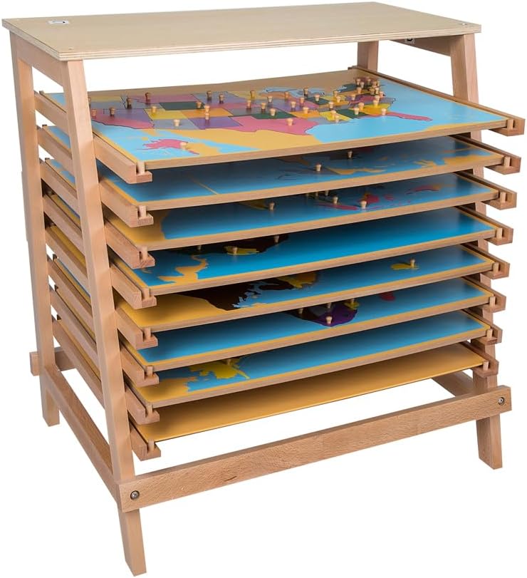 Geography Cabinet with 8 Puzzles Montessori Materials Classroom Homeschool Casa 3-6 Years Elementary 6-12 Birch Wood Montessori Geography Materials