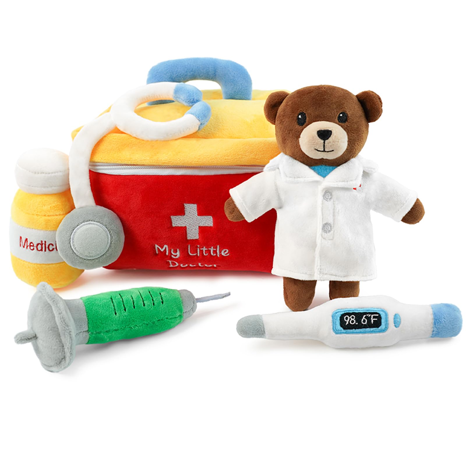 - Stuffed Plush Doctor Kit for Baby Toddler, 6-Piece My Little Plush Playset, Sensory Pretend Play Toy with Medical Bag/Bear Doctor/Stethoscope, Boy Girl Infant Newborn Gifts