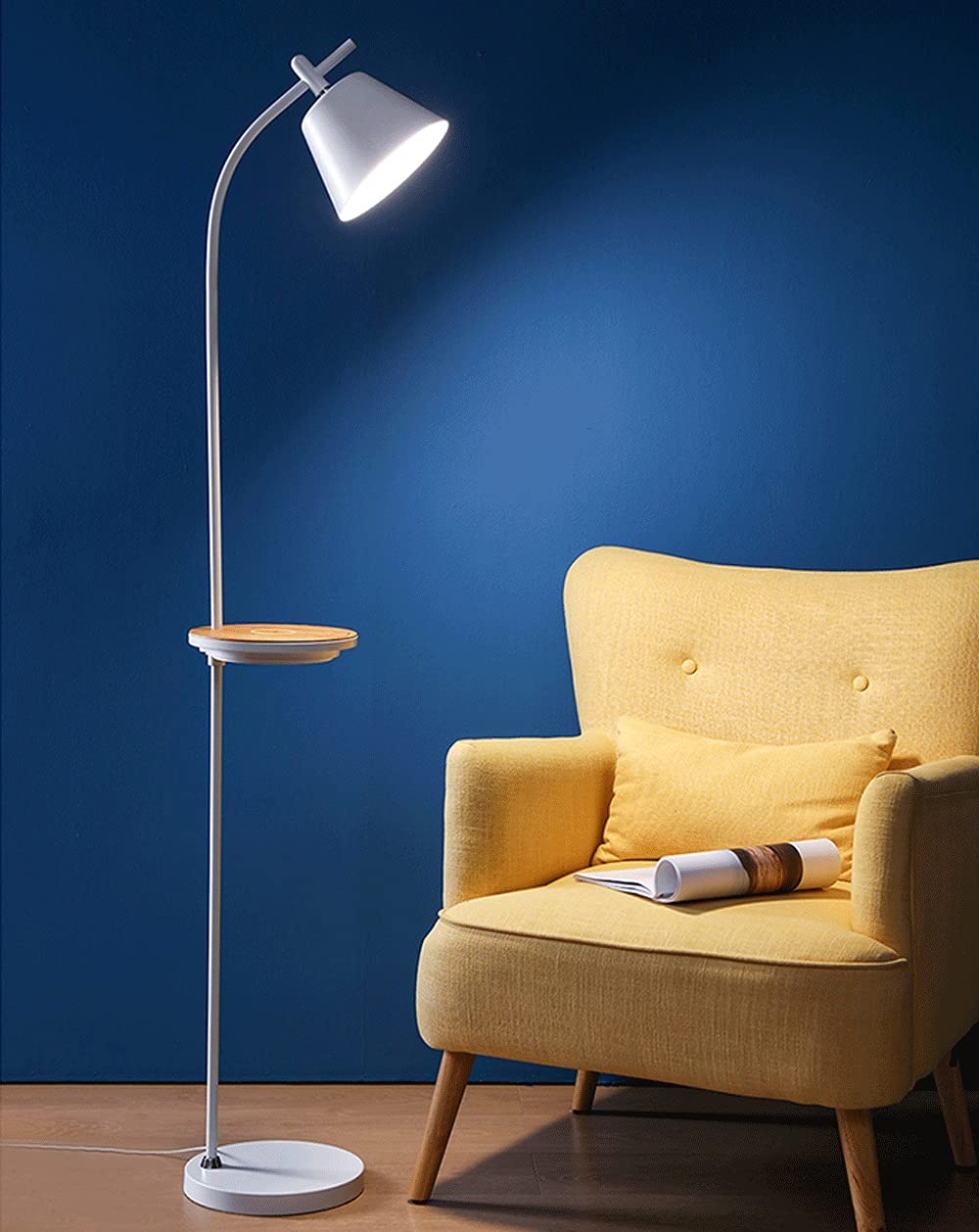 Lámpara de pie LED multifuncional para escritorio, mesita de noche, lámpara de noche con cargador inalámbrico, luz regulable, soporte para teléfono móvil, 3 modos de iluminación, control táctil,