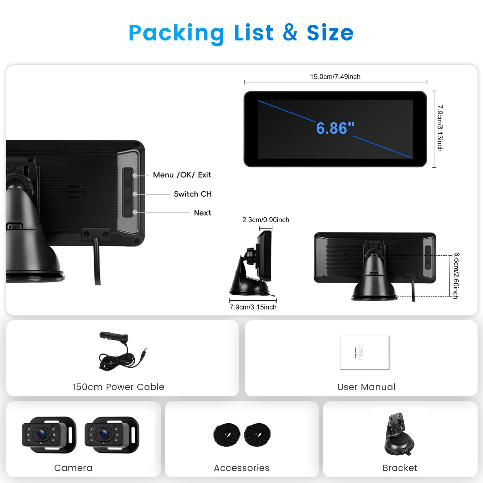 Hikity Monitor per Neonati in Auto - Stabilità Posteriore Telecamera Posteriore con Monitor da 6,9" per Seggiolino Auto - 2 Telecamere, Supporto Ventosa, DC 12V, Telecamera Auto Per Bambini