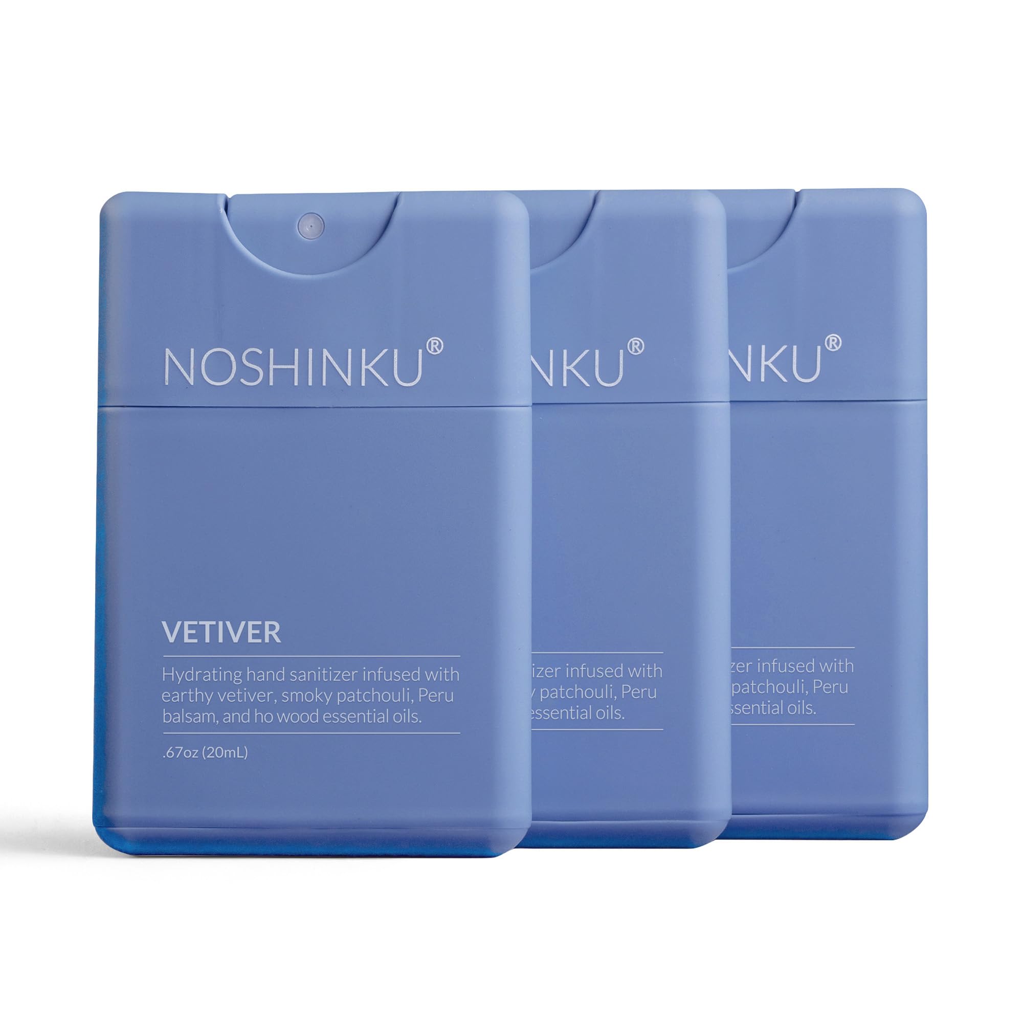 Noshinku - Refillable Hand Sanitizer Vetiver 3-Pack, Travel Size Spray with Hydrating Botanical Oils, Natural Ingredients, All Natural Fragrances, Sugarcane Derived Alcohol, No Parabens, No Dyes