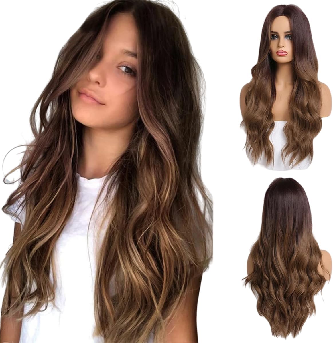 Long Brown Wig Synthetic Wavy Wig for Women, Female Natural Daily Hair with Middle Part Full Wigs for Everyday/Party/Cosplay