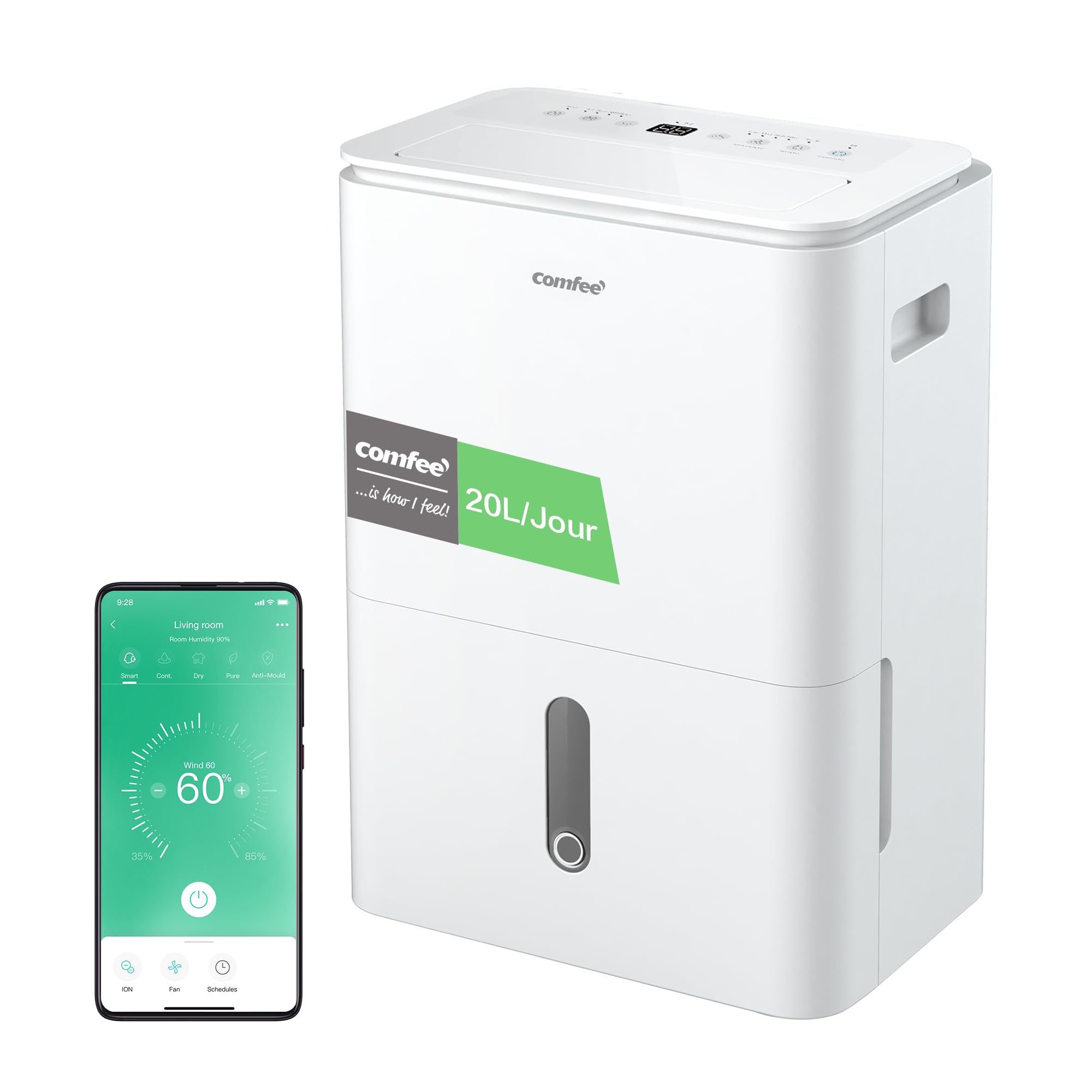 COMFEE' Déshumidificateur Easy Dry 20L/jour, 4 Modes, Deshumidificateur d'air Connecté, Réservoire 3L, Sèche-Linge, Fonction Swing, Pour pièce de 40㎡/100m