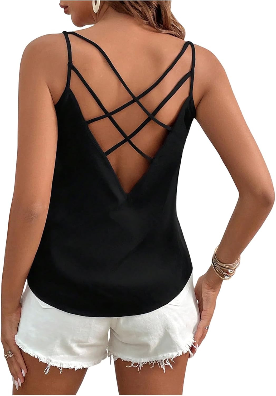 SweatyRocks Women's Criss Cross Back Tank Tops V Neck Cami Top Hollow Out Camisole Shirt - Image 2