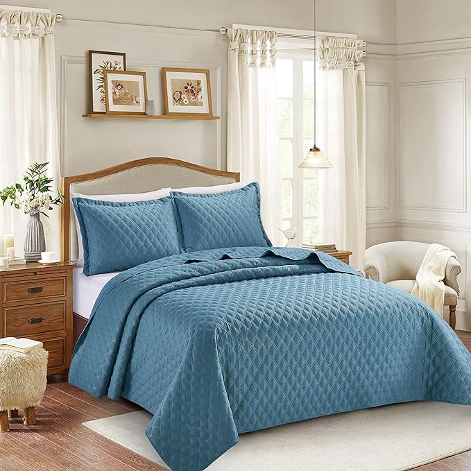 Best Linen Quilted Bedspreads Bed Throw 3 Pcs Embossed Coverlet Bedding Set Includes 1 Comforter & 2 Pillow Cases (Double, Inspiration Blue)