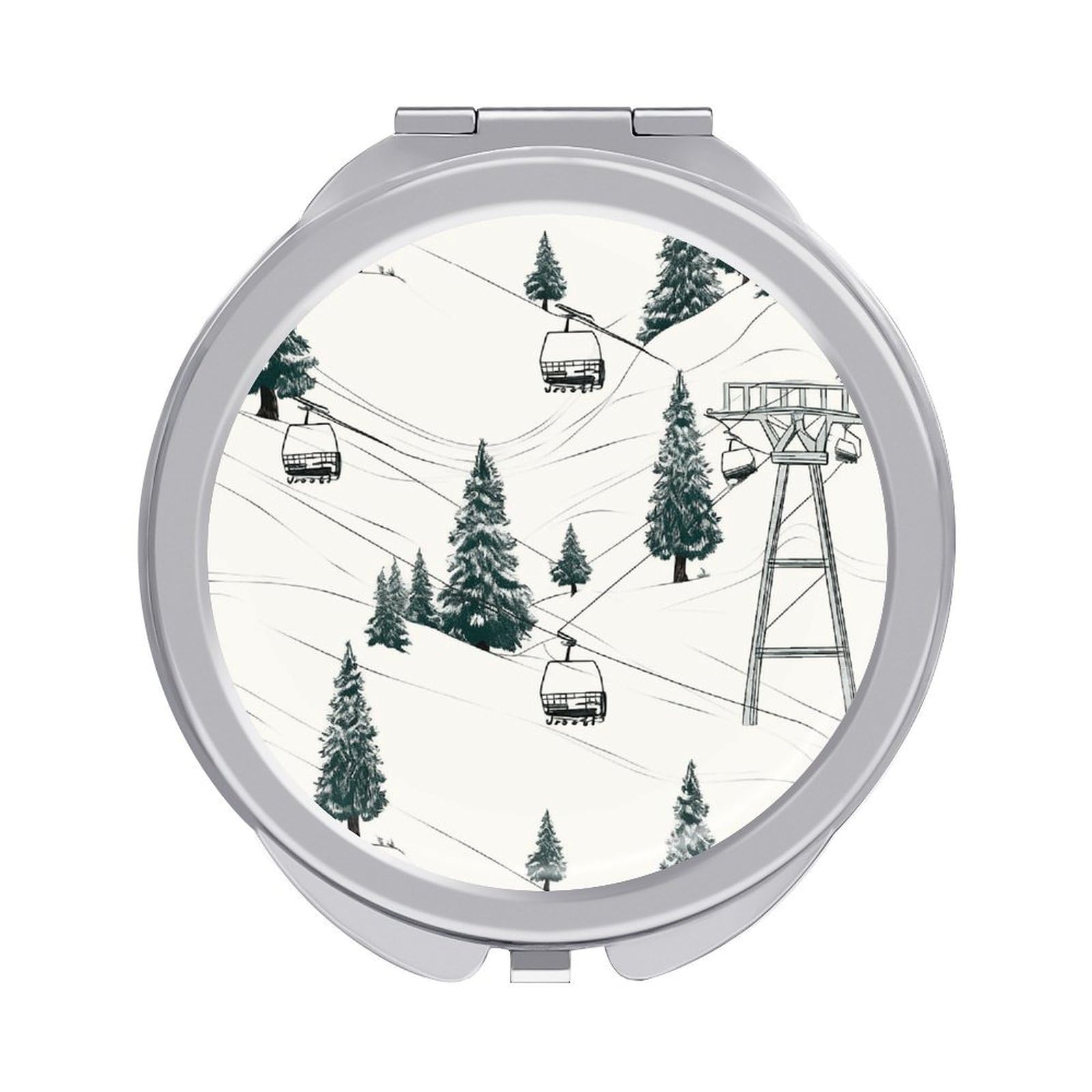 FekiLoot Ski Lift with Fir Tree Travel Makeup Mirror 2 X /1 X Magnifying Slim Pocket Mirrors Compact for Purse Travel Makeup Mirrors for Pocket, Handbag, Purse Women Gift
