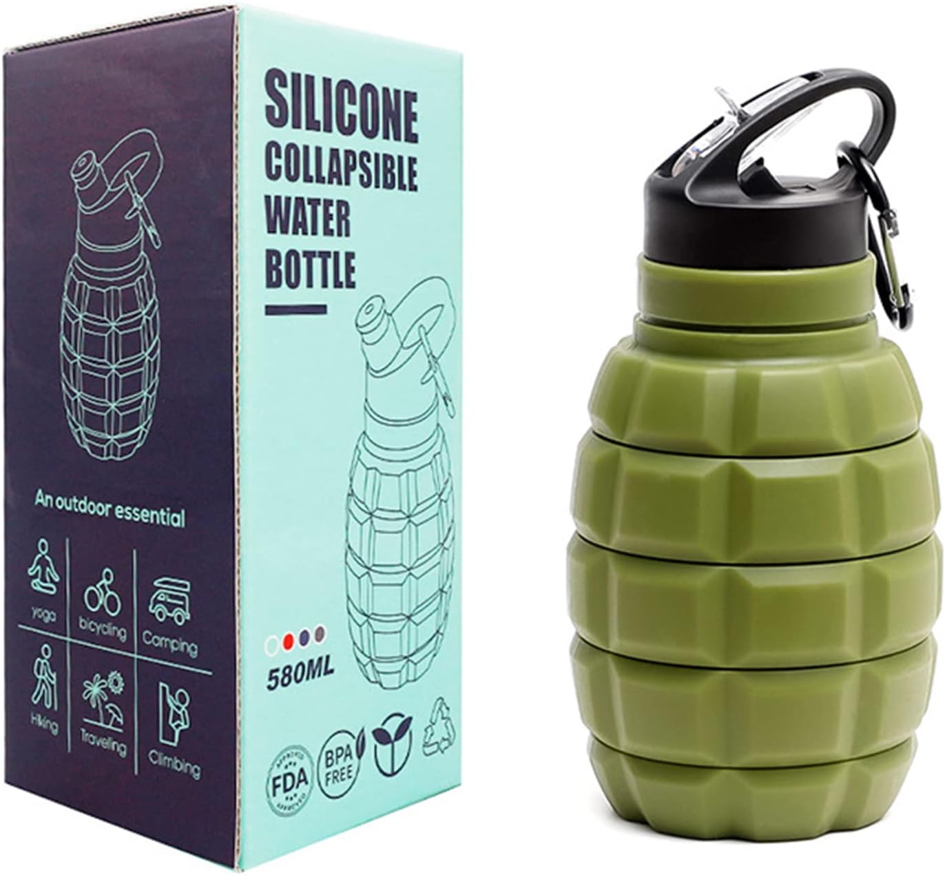 Personalised Water Bottle Grenade 580ml Collapsible Sports Drinks Jug BPA Free Leakproof Silicone Bottle for Gym Bicycle Hiking Outdoor with Hook (Green)