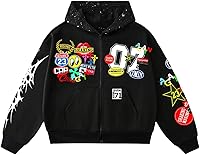 SOLYHUX Men's Oversized Y2K Graphic Zip-Up Hoodie - Long Sleeve Streetwear Sweatshirt Jacket