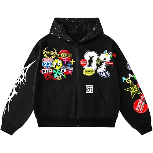 SOLY HUX Men's Graphic Oversized Hoodies Y2k Zip Up Long Sleeve Hooded Sweatshirt Jacket Streetwear