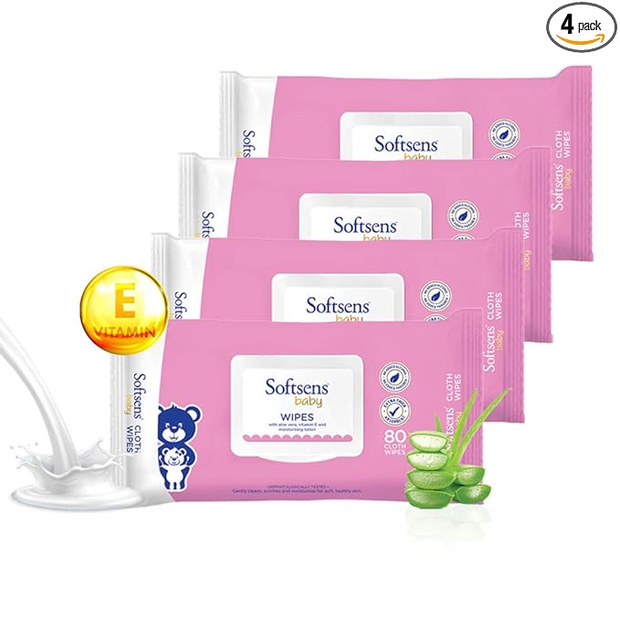 Softsens Baby Skin Care Wipes with Aloe Vera & Moisturising Lotion, 80 Pcs x 4 Pack