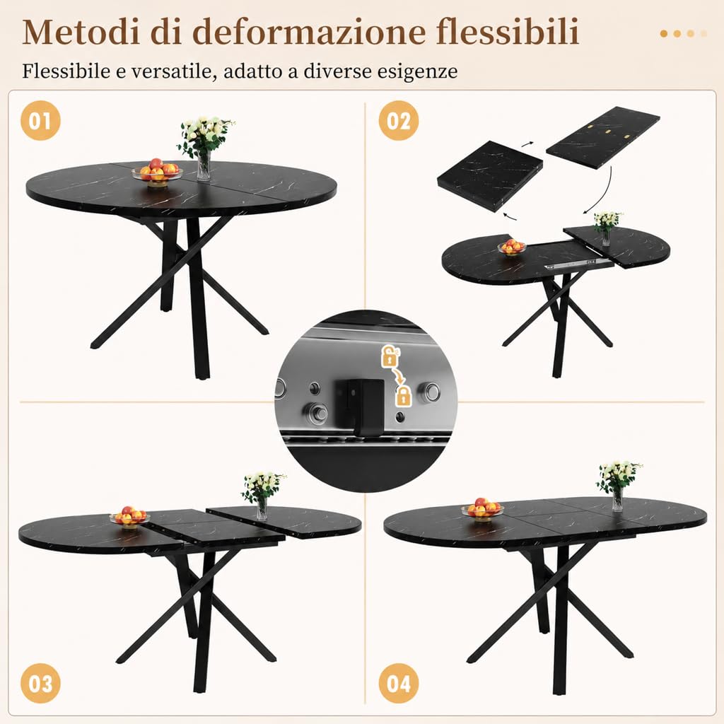Tavolo Rotondo allungabile 100-140 cm con Piano in MDF Effetto Marmo, Nero