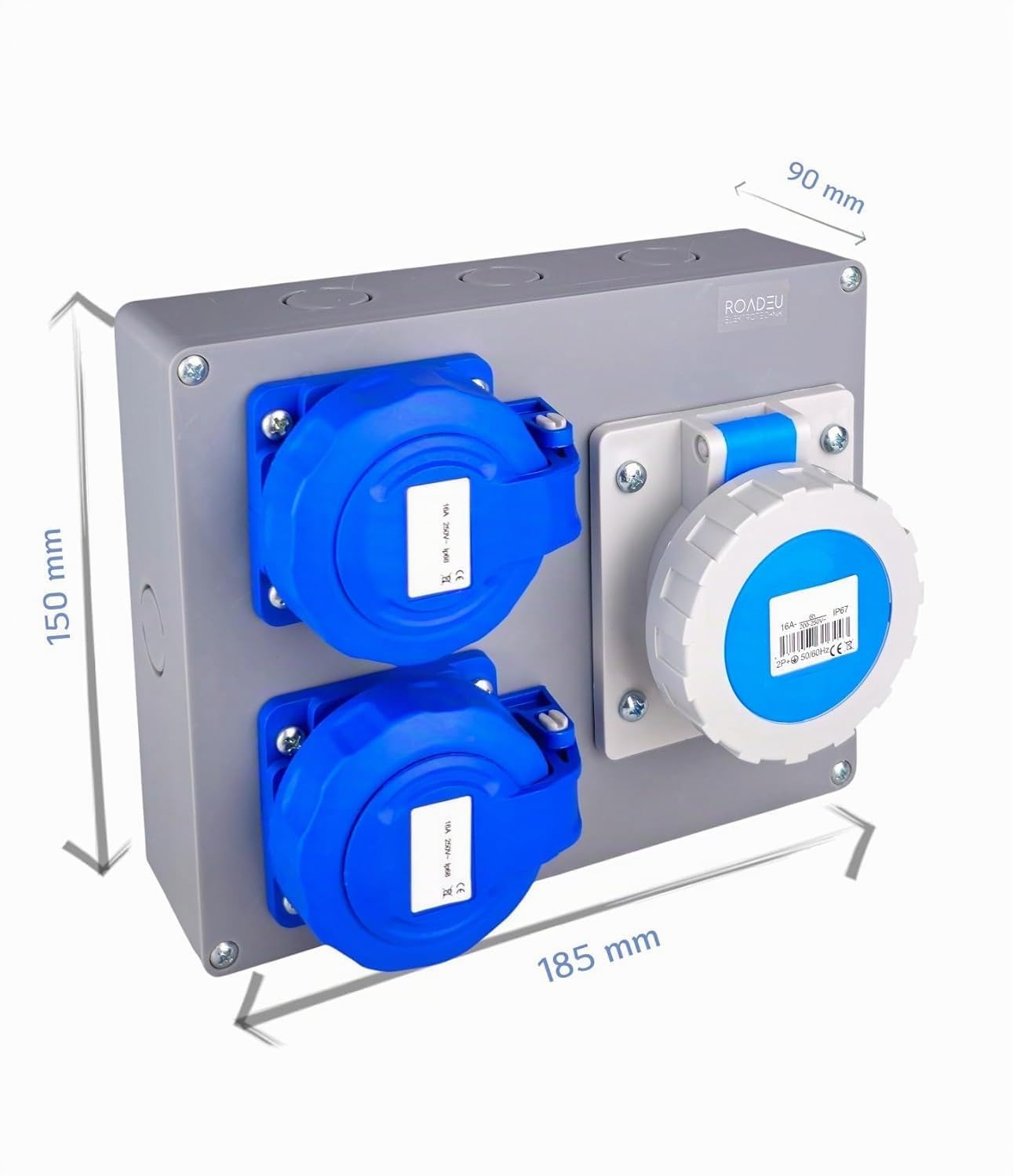 RoadEu – Quadro di Distribuzione Stagno IP67 | 2x Presa Schuko 230V + 1x Presa Industriale CEE 16A 3P | Scatola da Parete Pre-cablata 2,5 mm² per Esterno e Cantiere