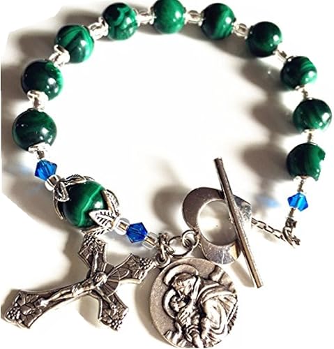 elegantmedical ROSARIO INDUDUCIDO MALQUITA CUENTAS PULSERA CRUZ Plata de Ley Flor Viaje, Metal