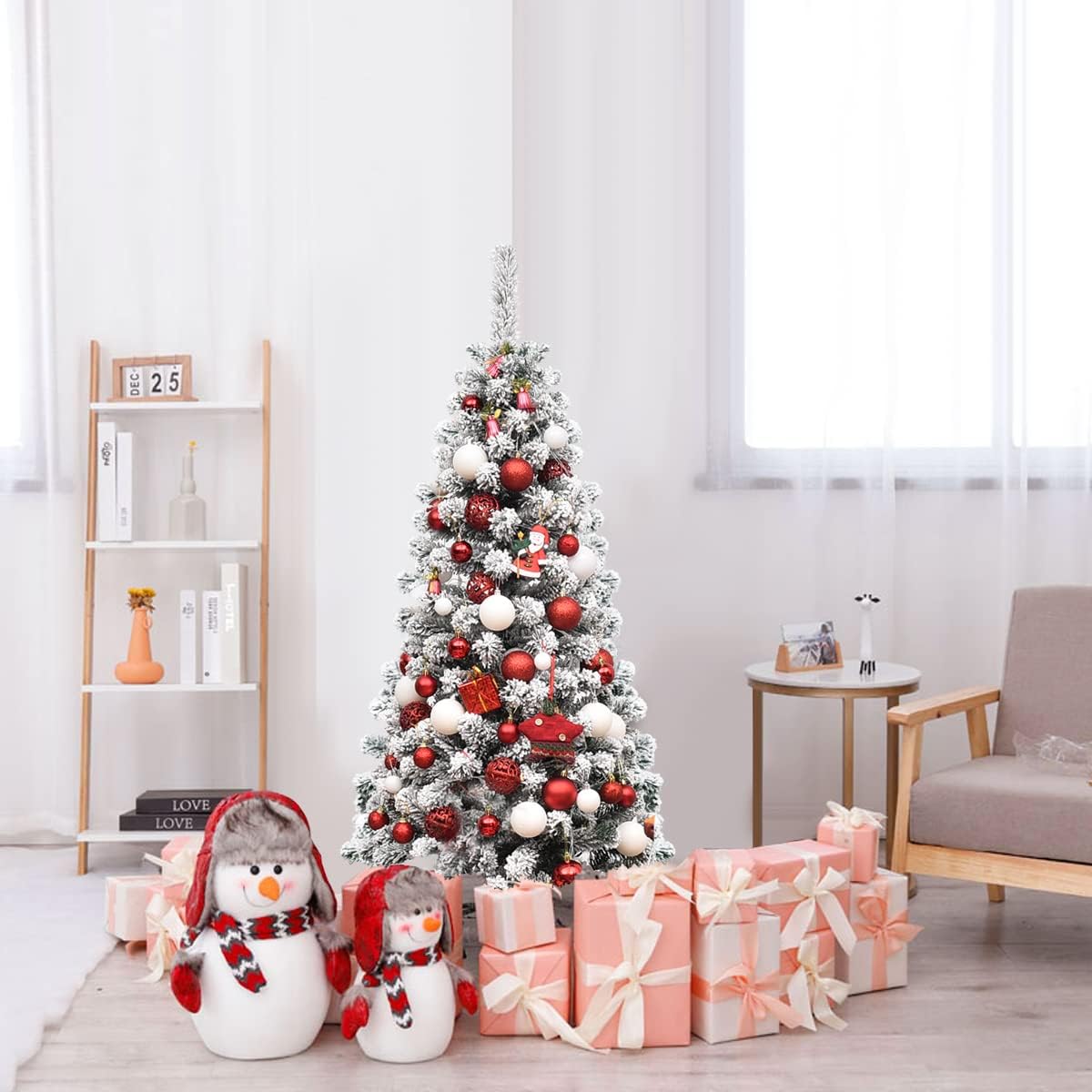 COSTWAY 135/180/225cm Bleistift Weihnachtsbaum mit Schnee und warmweißen LED-Leuchten, künstlicher Tannenbaum mit Metallständer, Christbaum PVC Nadeln, Kunstbaum Weihnachten Klappsystem Grün (135cm)