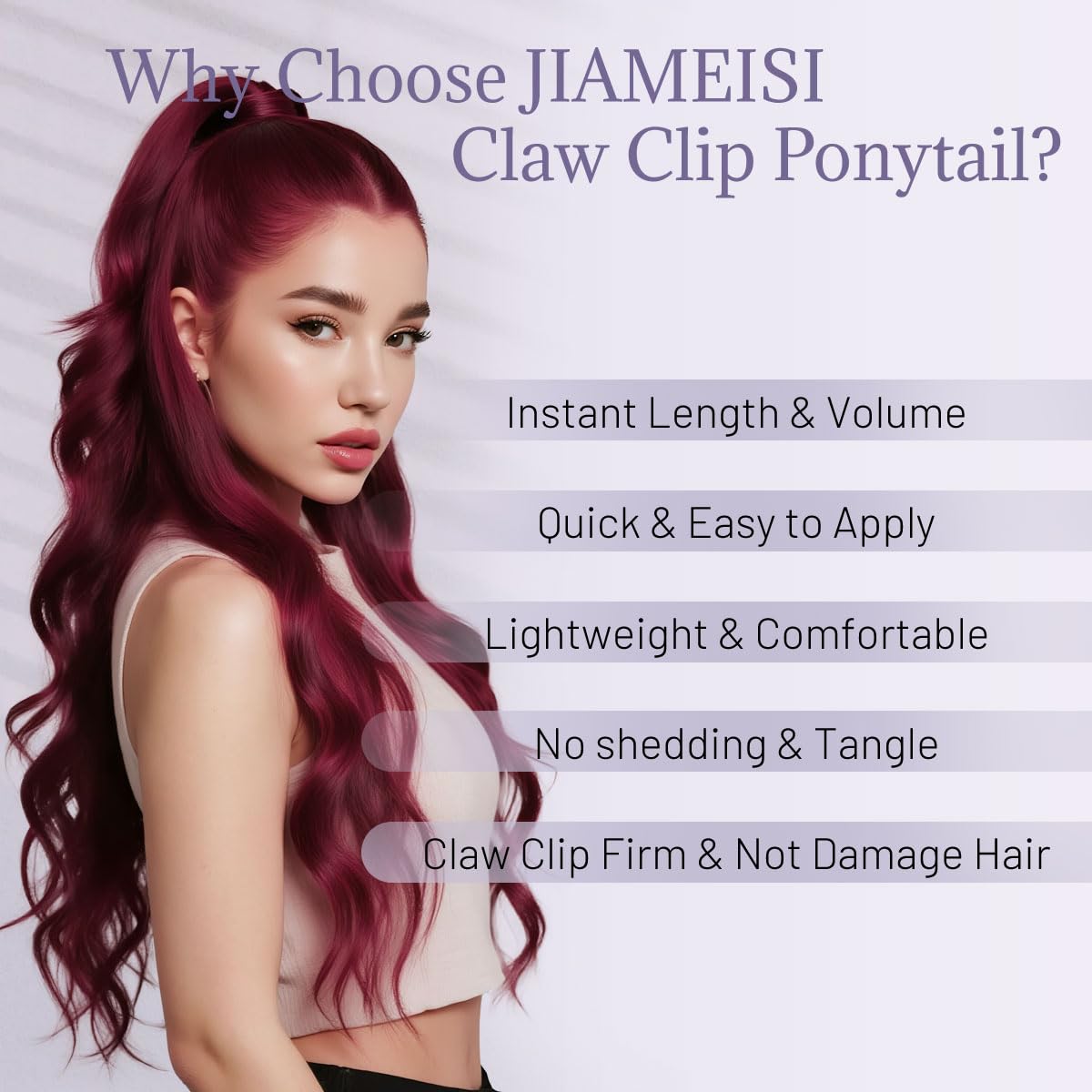 JIAMEISI Claw Clip Ponytail Hair Extensions 18 Inch Ponytail Extension Long Curly Wavy Jaw Clip in Pony Tails Extension Synthetic Fluffy Hairpiece for Women Girls Daily Use Party (Wine Red) - Image 2