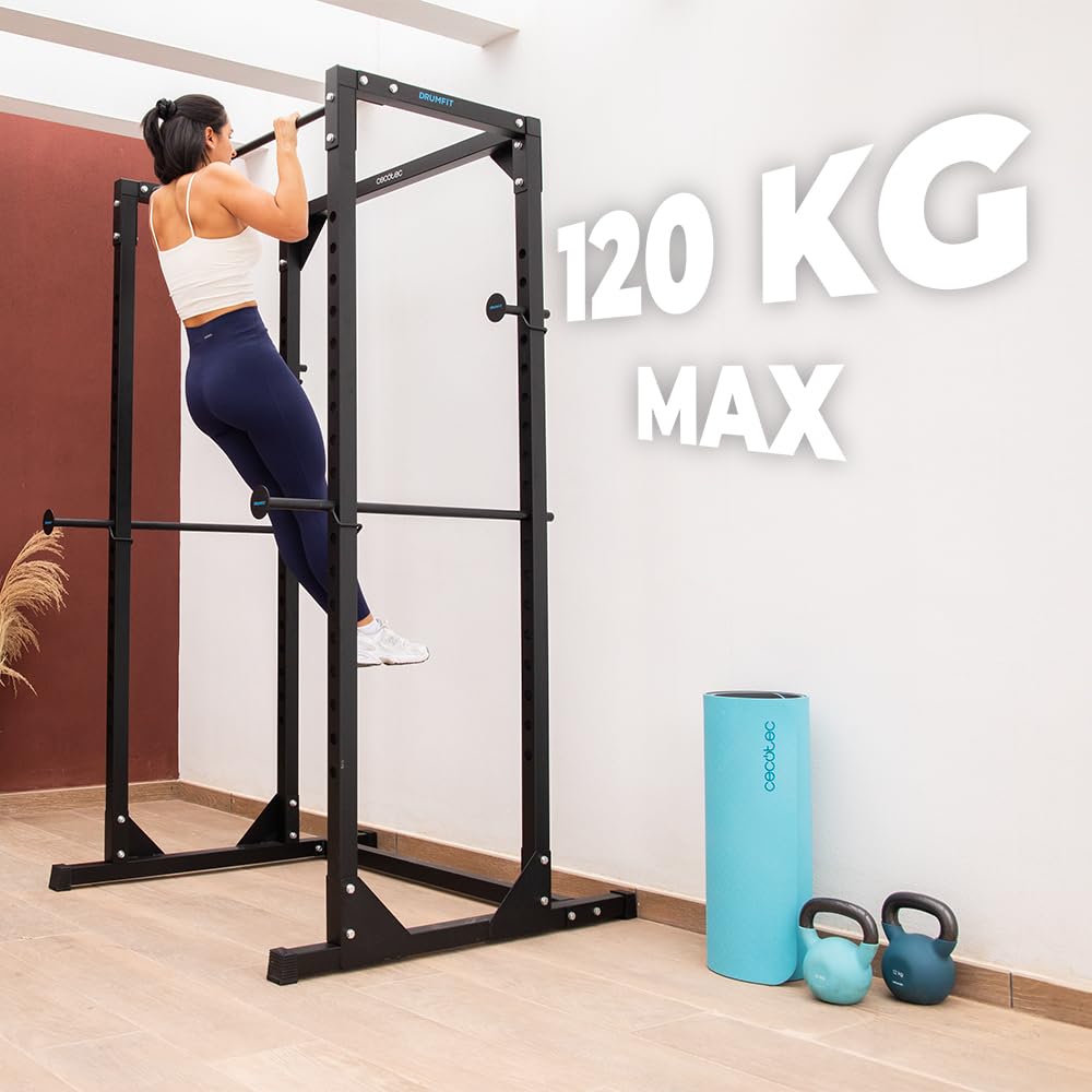 Cecotec Torre y Jaula Multiestación de Musculación, Rack de Dominadas y Fondos Drumfit PullUps 4000 Power Tower. Acolchado y con Agarres Antideslizantes, Altura Ajustable, Máximo Peso 120Kg