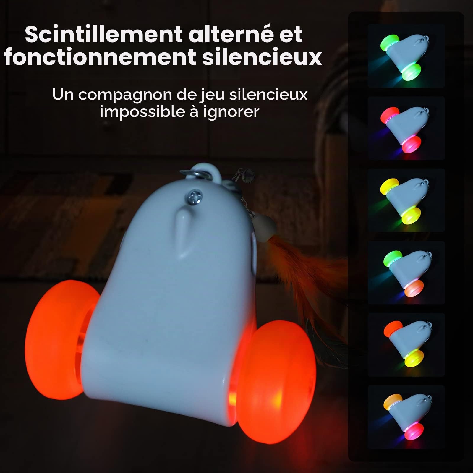 HAPPY HACHI Jouet Interactif pour Chat, 2 Vitesses Réglables, Mouvement Irrégulier USB Rechargeable Jouet Chat Interieur, avec Lumière LED Colorée, stimule l'instinct de Chasse, avec 3 Plumes