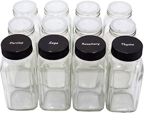 U-Pack 12 botellas de especias de vidrio cuadradas francesas de 6 onzas con tapas de plástico negro, tapas de coctelera y etiquetas por U-Pack