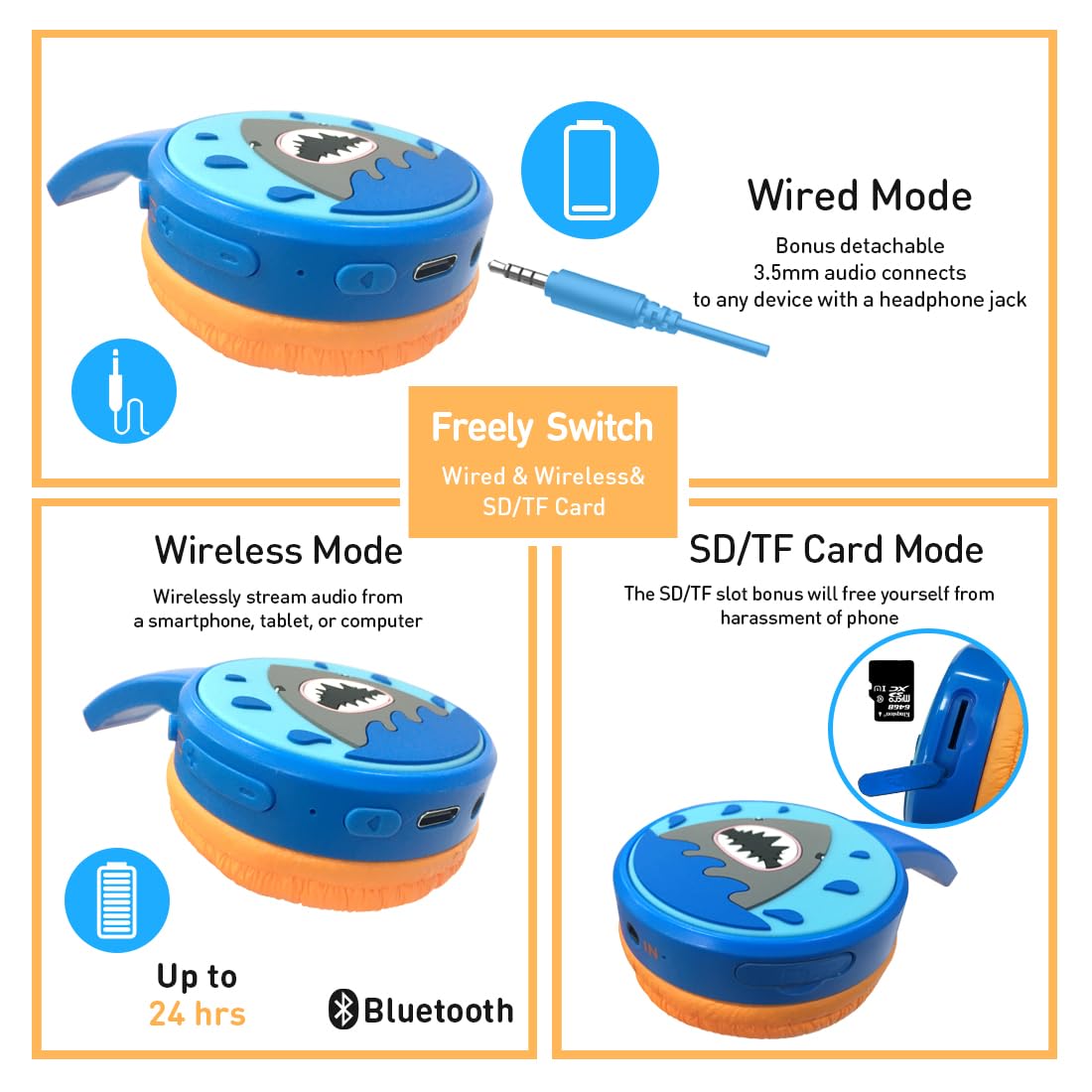 Bluetooth Kopfhörer Kinder, Shark Kinder Kopfhörer mit Kabel, Mikrofon, 85dB Lautstärkebegrenzung, 3.5mm Jack, Audio-Sharing, Over Ear Jungen Mädchen Headset für Tablet/Reisen