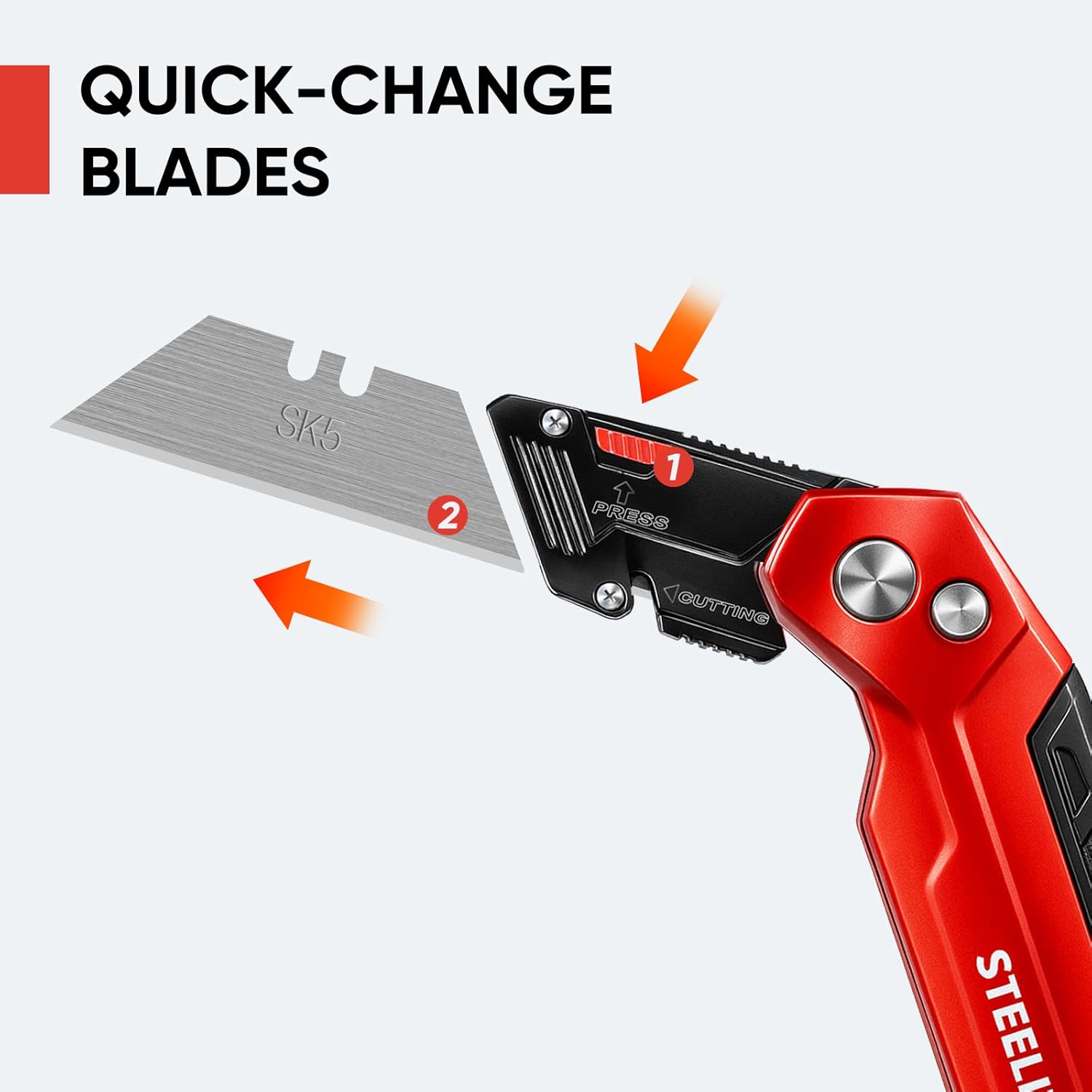 STEELITE Utility Knife Foldable, Box Cutter Heavy Duty Metal, Quick Open Botton Lock Razor Knife for Cartons, Rapes, Leather and Cardboard, Blades Storage Design with 13 Extra Blade, Red