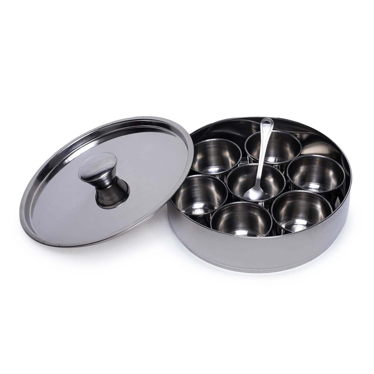 Masala Dabba | Masala Box Stainless Steel for Kitchen | Masala Dani | Spice Storage Container Masala (Spice) Box/Dabba/Organiser 7 Containers and Spoon