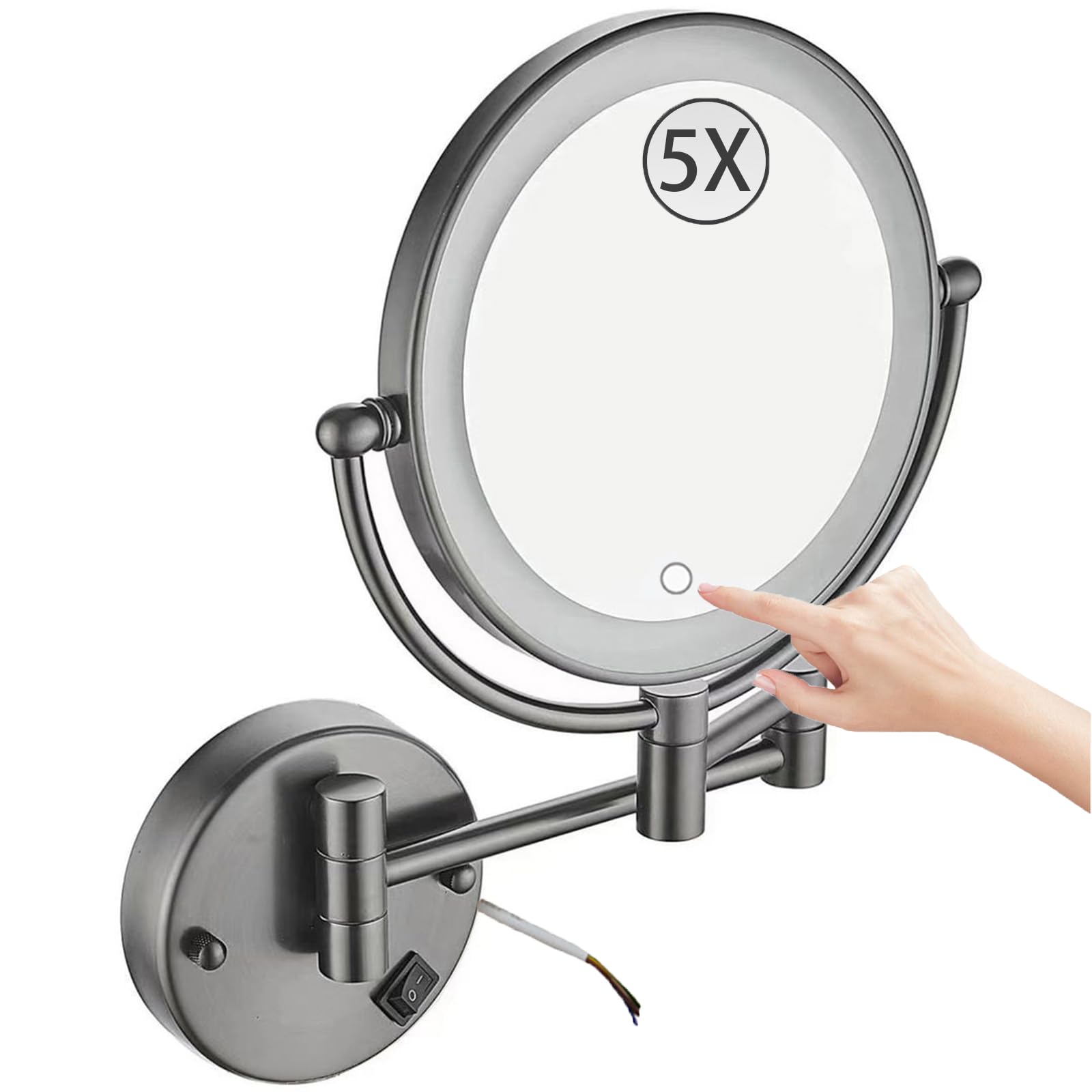 SXFSDOU 8" Wall Mounted Lighted Makeup Mirror, Stepless Dimming Hardwired Magnifying Vanity Extendable 360° Swivel LED Bathroom Mirror,Gray,5X