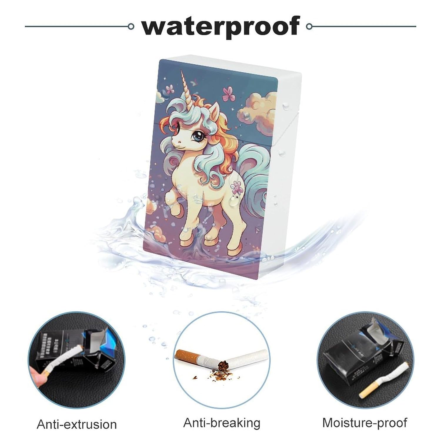 Waterproof Cigarette Case Large Capacity, Cartoon Cute Horse Rainbow image 3
