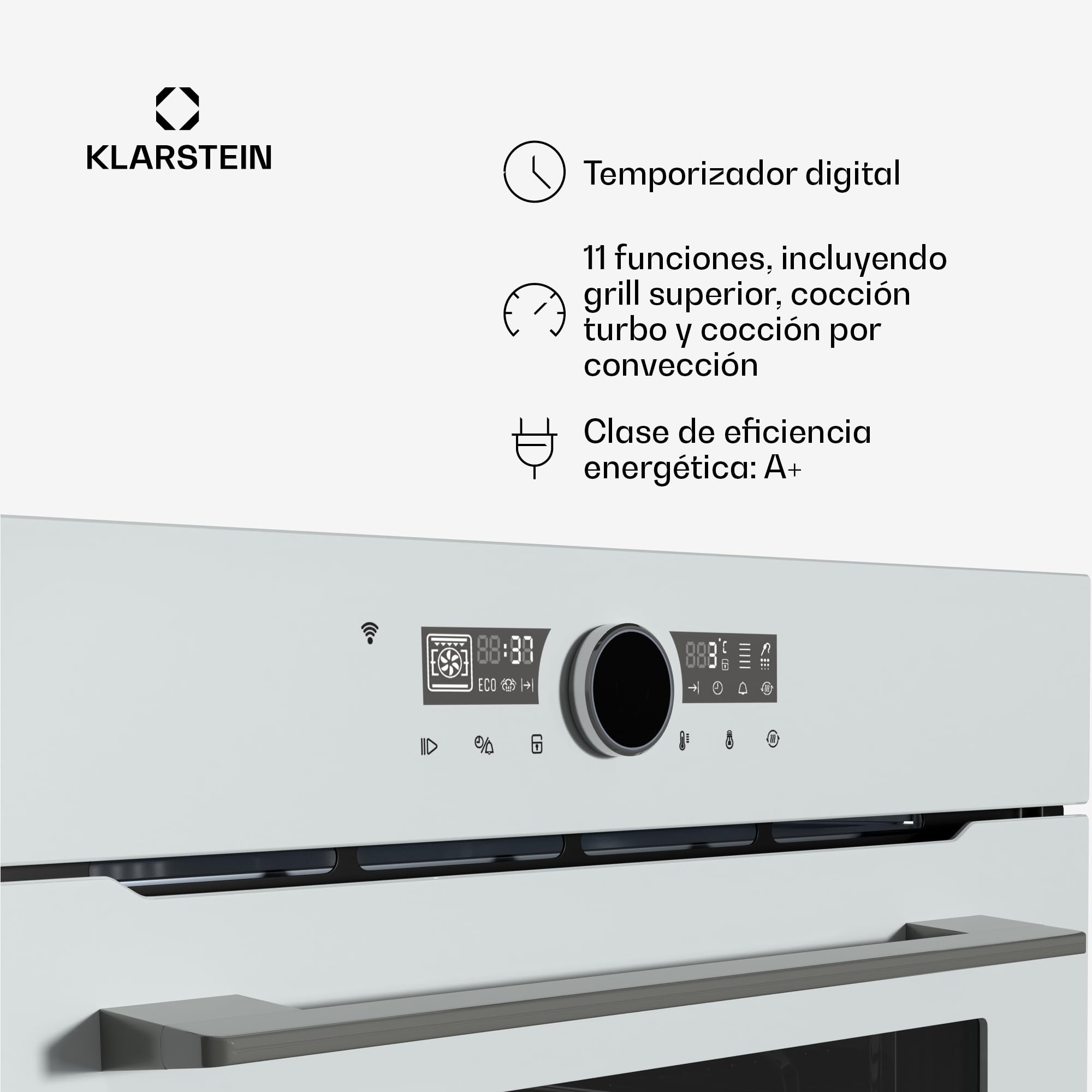 Klarstein Illuminosa Smart Horno Eléctrico Empotrable - 73L, 11 Funciones, Control Wifi, Eficiencia Energética A+, Puerta de Triple Acristalamiento, Horno Multifunción Integrable
